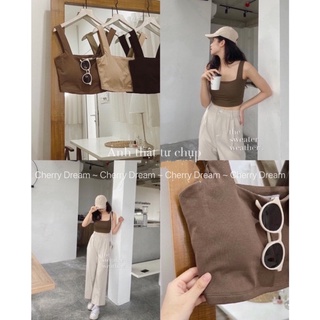 Áo hai dây bản to croptop có sẵn đệm mút, áo bra nâu be đen