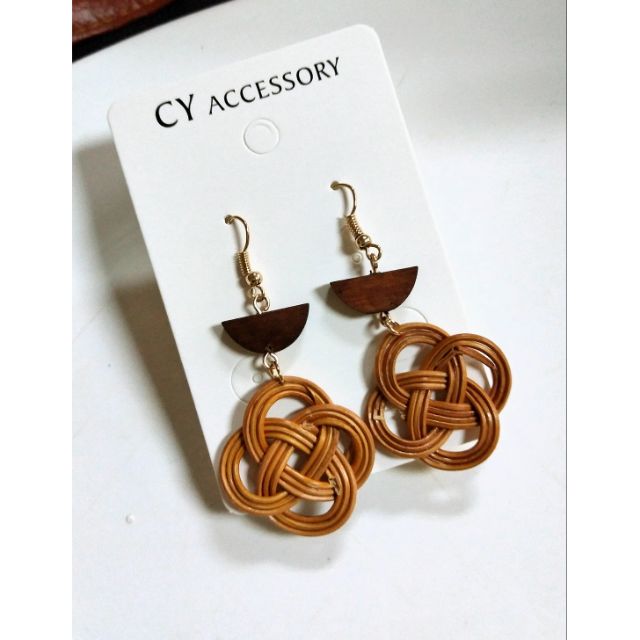 SALE Khuyên tai mây tre đan phối gỗ hình học hàn quốc khuyên tai cói nữ Thời trang Cá tính Hot