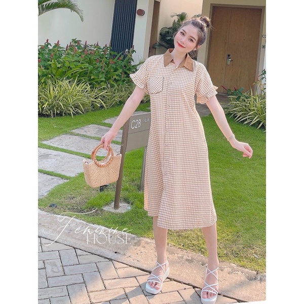 Đầm Caro Suông Cổ Đức, váy kẻ suông, đầm kẻ suông, váy caro diện đi làm đi chơi