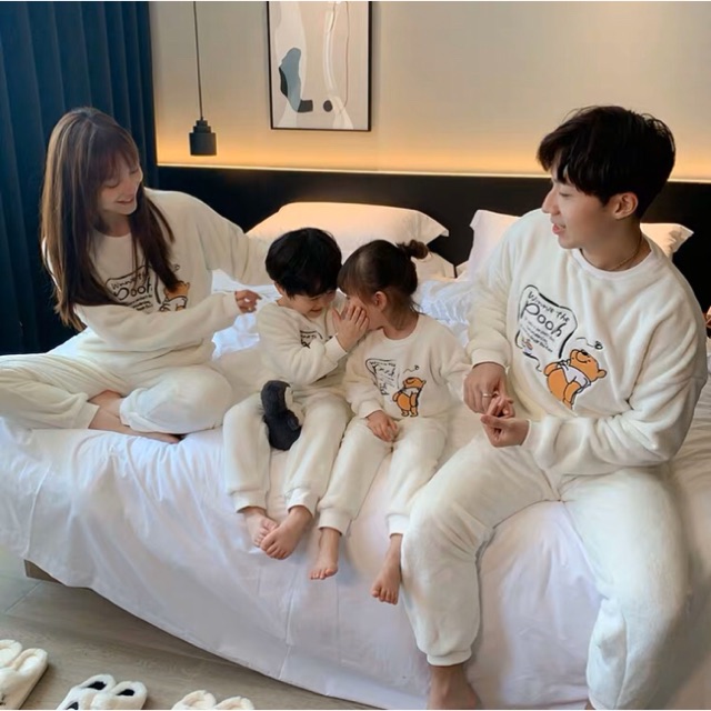 Bộ nhung thêu gấu pool mi  set gia đình, đồ đôi mẹ và bé