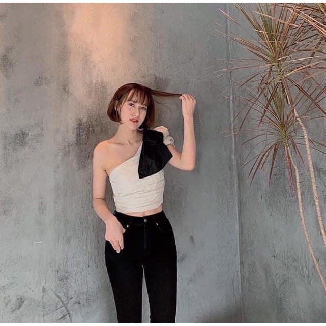(HÌNH THẬT) Áo Croptop Lệch Vai Nơ MONY (ÁO TRẮNG NƠ ĐEN)