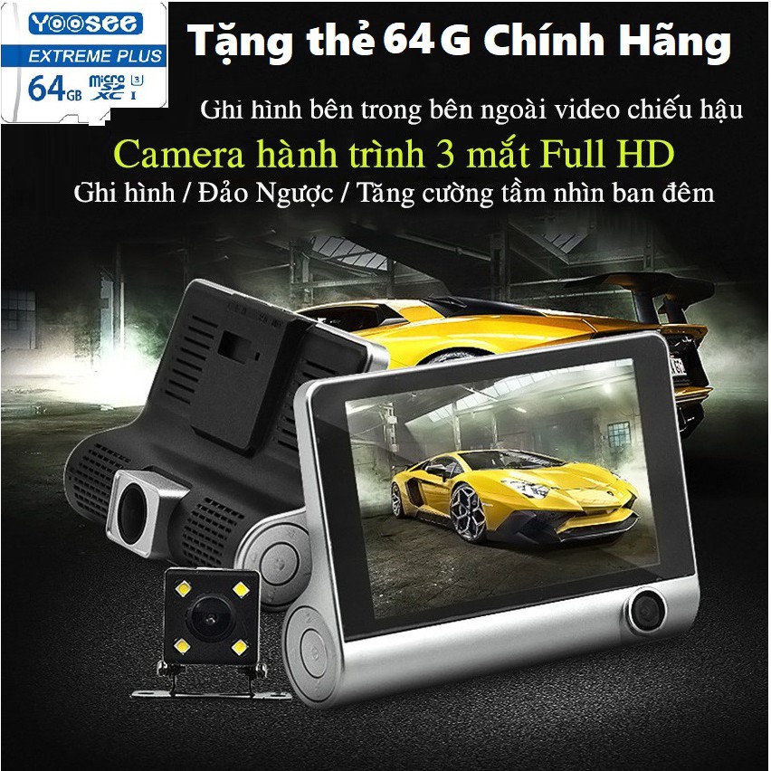 [TẶNG THẺ NHỚ 64GB] Camera hành trình ô tô 3 mắt camera full HD 1080p, cam oto sau chống nước, cam trong xe chống trộm