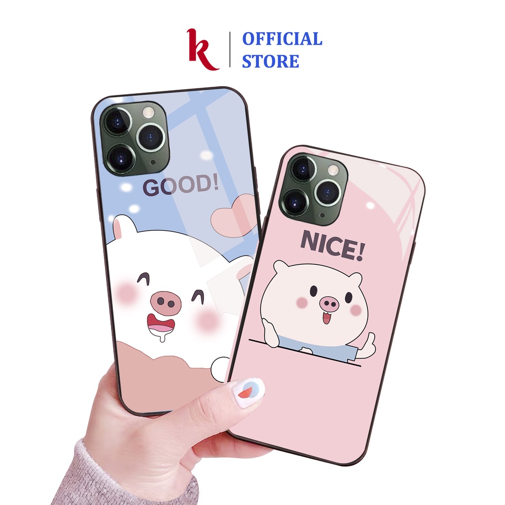Ốp lưng iphone kính cặp đôi heo tham ăn case 14plus 14 pro max 13 12 promax 11 mini 6 6s 7 8 plus x xr xs Se