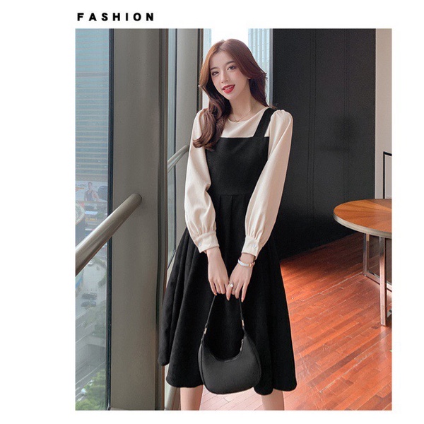 Váy yếm nhung liền áo sơ mi trẻ trung đáng iu quá!