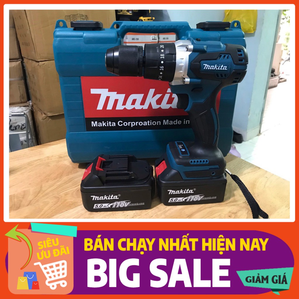 Khoan Pin Makita 118v không chổi than, Động cơ kích từ, Pin 10 Cell, 2 đèn