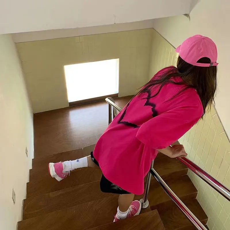 Jiashucheng Áo Thun Nữ Ngắn Tay Cổ Tròn In Hình Trái Tim Phong Cách Preppy Retro