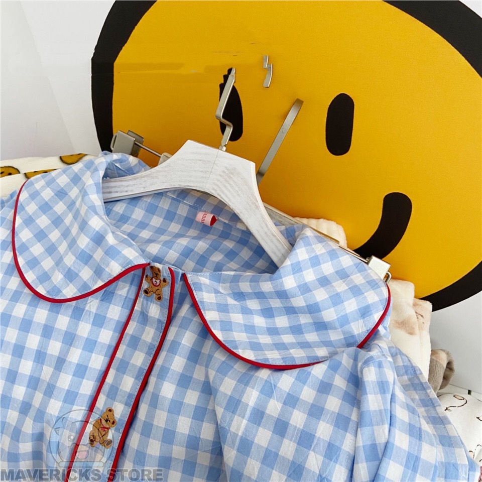 Bộ Đồ Ngủ Pijama Sọc Caro Xanh Dương Phong Cách Hàn Quốc Cho Nữ