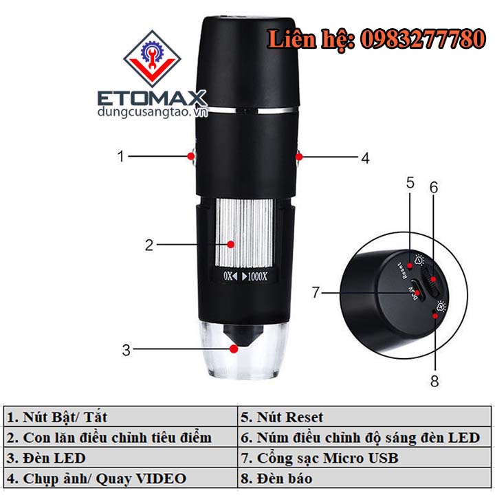 [GIÁ TỐT]Kính Hiển Vi Điện Tử WIFI W04 Độ Phóng 1000x