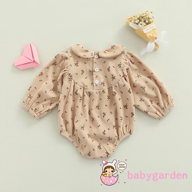 Áo liền quần tay dài giữ ấm cổ búp bê tròn in hoa bằng nhung kẻ có nút cài cho bé gái