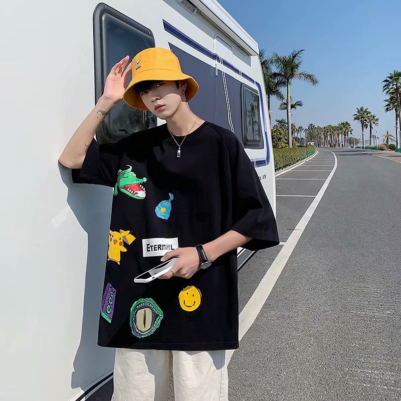 Áo thun tay ngắn cổ tròn dáng rộng in hoạt hình phong cách hàn quốc cá tính cho nam size s-8xl