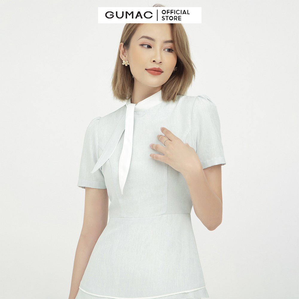 [Mã MABR07062 giảm 8% tối đa 50K đơn từ 249K] Đầm công sở nữ dáng xòe cột nơ GUMAC tay ngắn màu xanh nữ tính DB568 | BigBuy360 - bigbuy360.vn