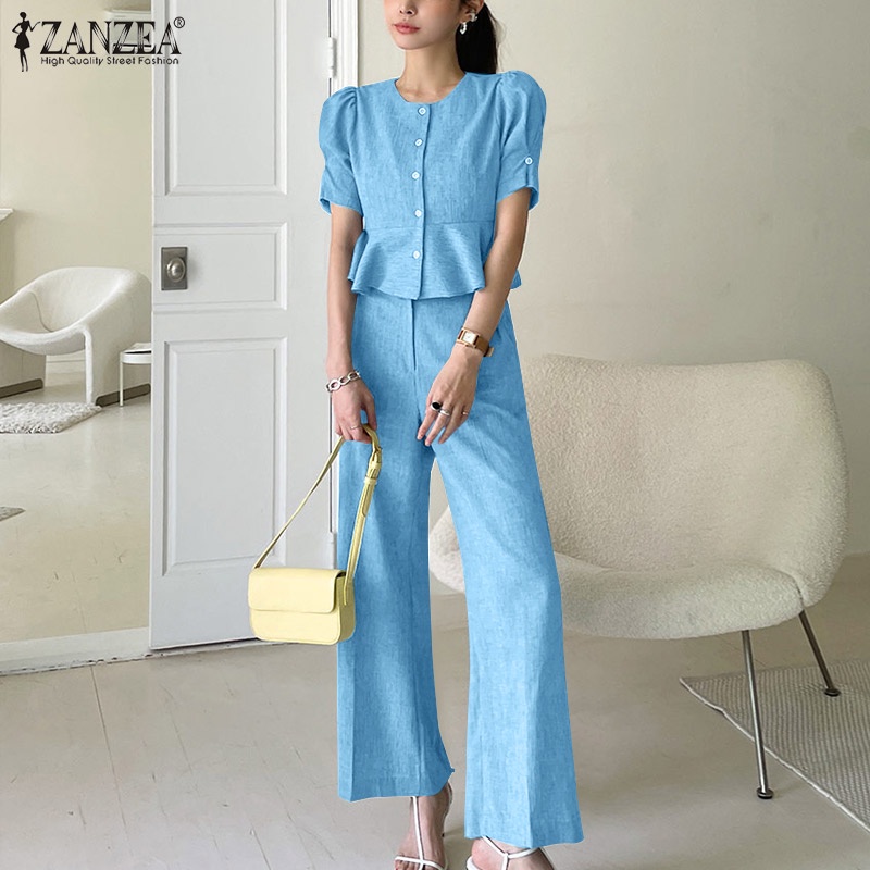 Zanzea Bộ Áo Ngắn Tay Cổ Tròn Phối Bèo + Quần Dài Lưng Thun Ống Đứng Thời Trang Cho Nữ