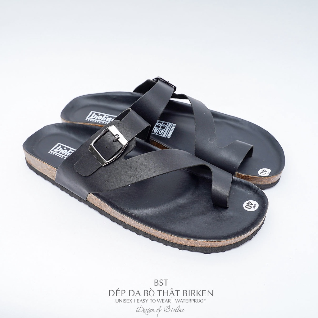 DK24-LÓT CHỐNG NƯỚC- Dép đế trấu Birken da bò thật nam nữ unisex xỏ ngón BIOLINE