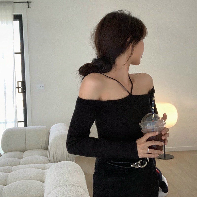 Áo kiểu tay dài dể vai 2 dây nhỏ chéo cổ cực xinh , chất thun gân mềm mịn co giãn ly
