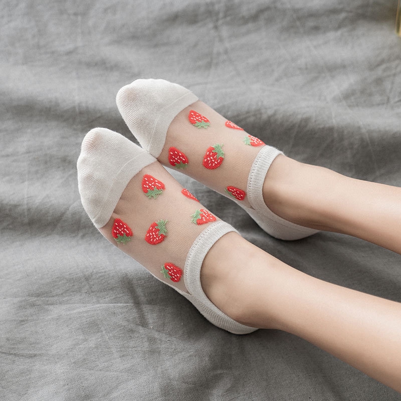 Cute Fruits Pattern Sweet Socks Women Summer Korean Cool Ultra-thin Silk Crystal Transparent Lace Mesh Cotton Sole Low Cut Socks