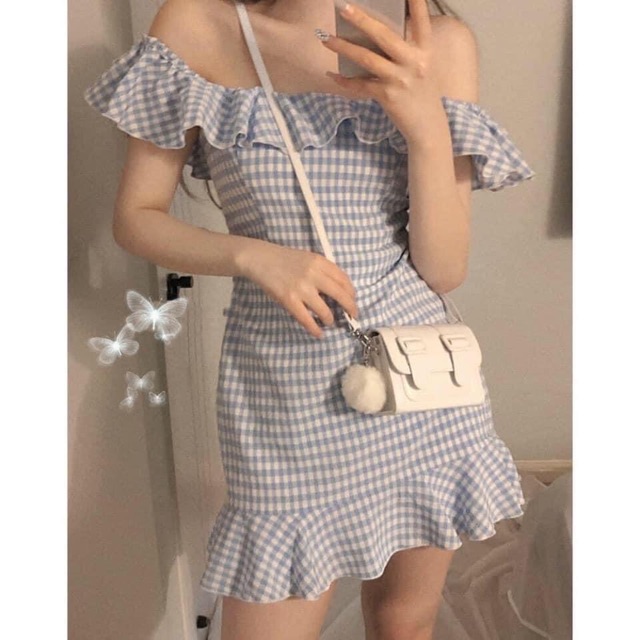 Váy kẻ xanh hở vai-chất mát-mịn