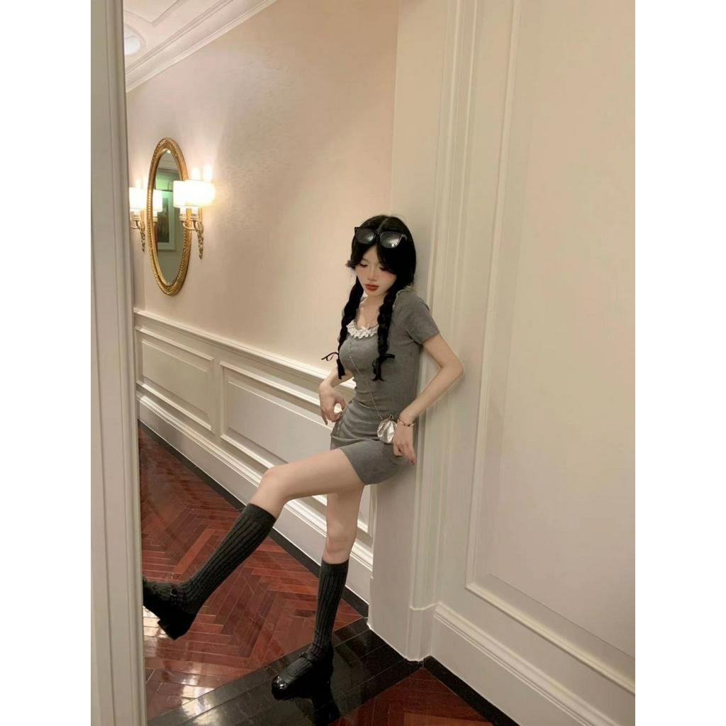 Đầm Dệt Kim Ngắn Tay Viền Ren Thời Trang Hàn Quốc Gợi Cảm Cho Nữ