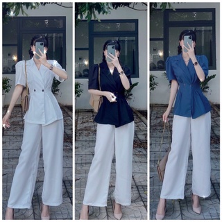 set áo vest 2 nút tay ngắn xanh trắng đen + quần suông trắng (ảnh thật)