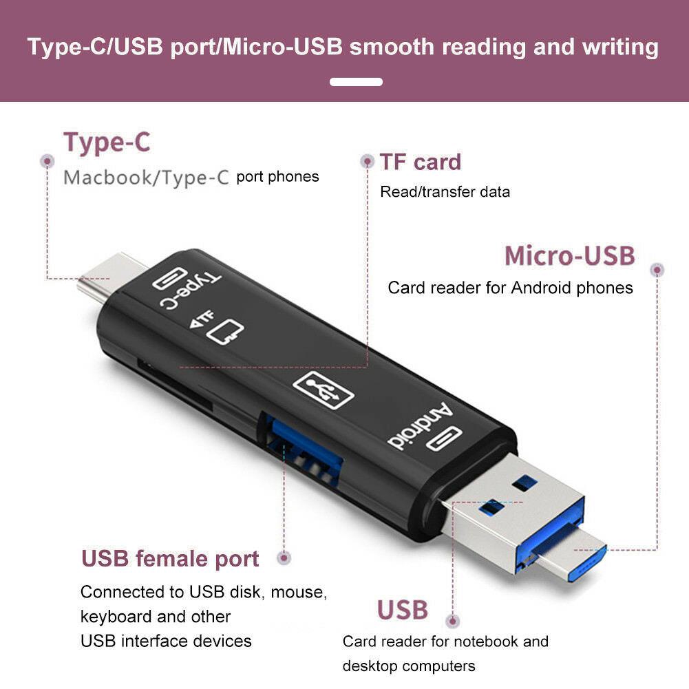 Đầu đọc thẻ nhớ USB 5 trong 1 USB 3.0 Loại C / USB / Micro USB SD Bộ chuyển đổi OTG