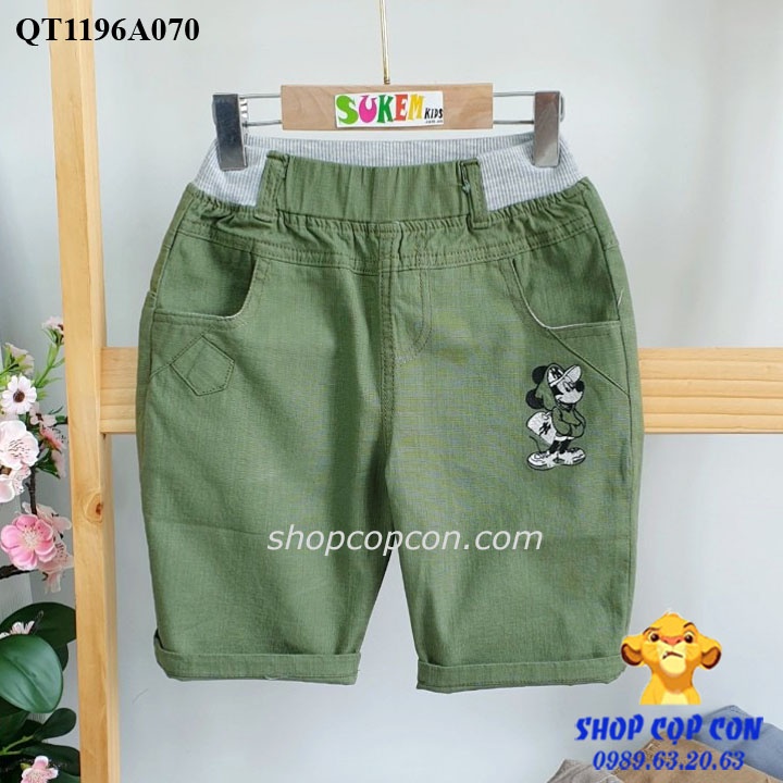 Quần lửng chất kaki mộc thêu chuột cho bé trai từ 24kg đến 36kg