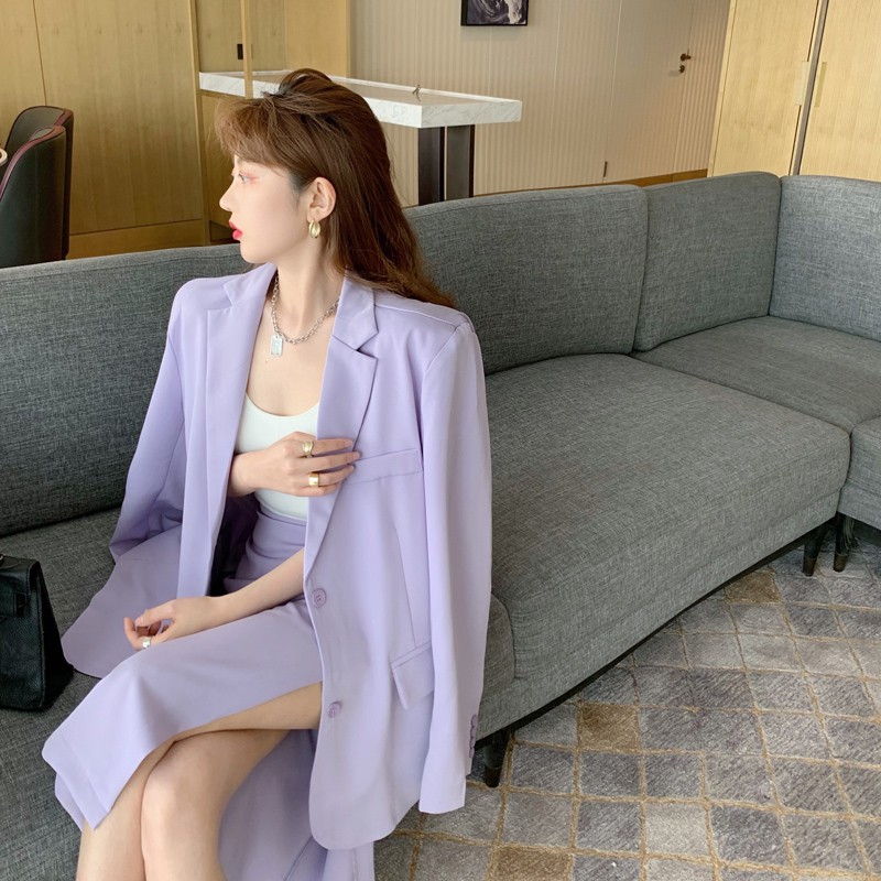 Purple suit jacket women loose Korean casual retro mid-length suit jacket