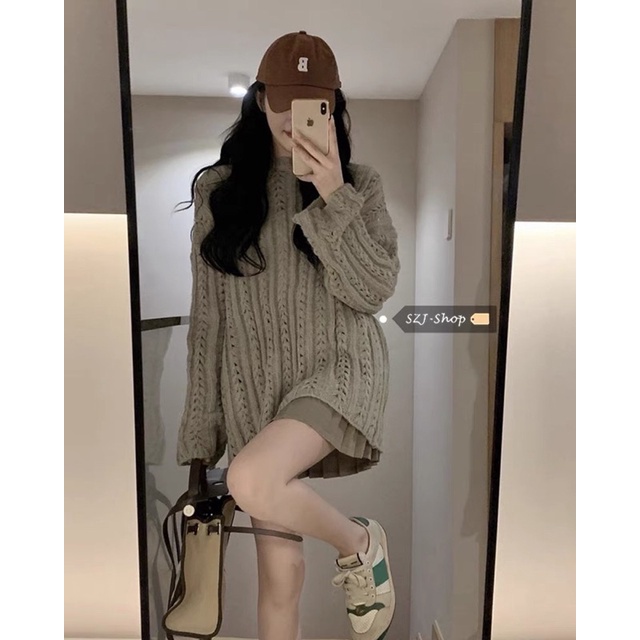 Áo len thừng nâu nhạt & chân váy xếp ly be