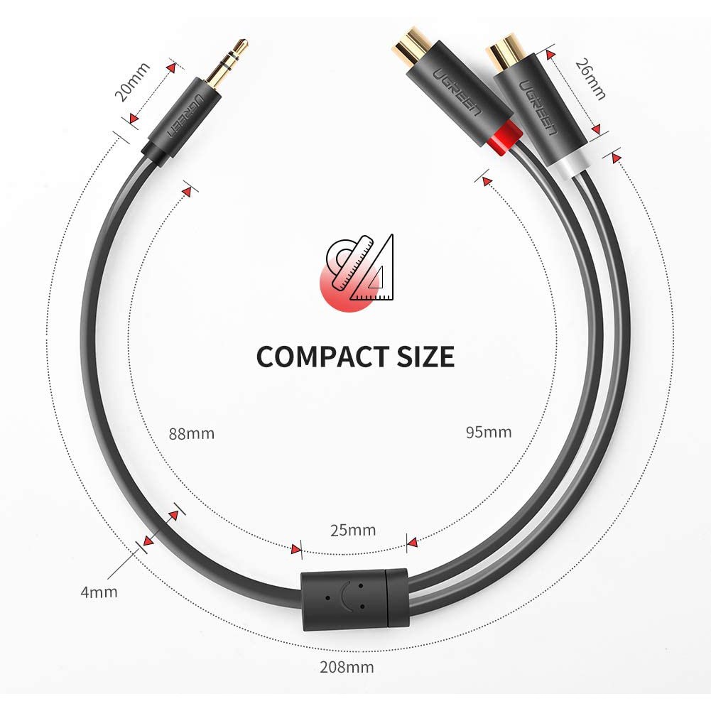 Cáp âm thanh chuyển jack 3.5mm sang 2 đầu hoa sen RCA dài 20CM - UGREEN 10547 (màu đen)