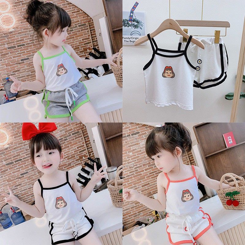 Set áo hai dây in họa tiết hoạt hình và quần đùi phong cách Hàn Quốc thời trang mùa hè dành cho bé gái