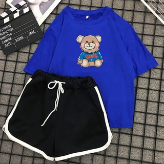 Sét bộ áo thun gấu áo xanh kèm quần đùi viền chất cotton siêu xinh 90