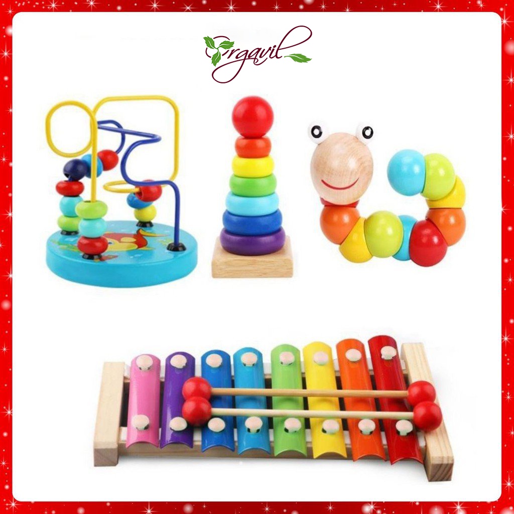 Combo Bộ 4 Món Đồ Chơi Gỗ Phát Triển Tư Duy Trí Tuệ Gồm Luồn Hạt Mini, Tháp Cầu Vồng, Sâu Gỗ, Đàn gỗ 8 Thanh - Orgavil