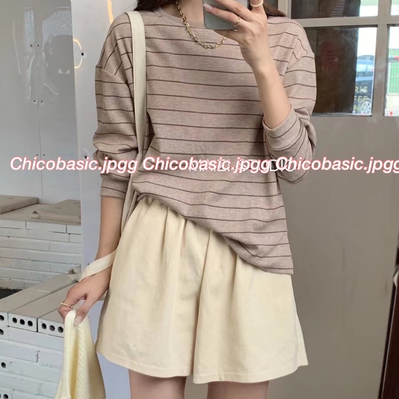 Áo Nỉ Kẻ Sọc Ngang Dài Tay 2 Màu Phong Cách Hàn Quốc