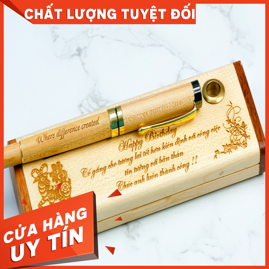 Bút bi gỗ hộp ngang loại 1 ngăn kèm bút dạ - Quà tặng Gỗ
