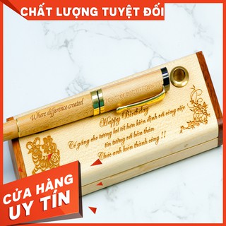 Bút bi gỗ hộp ngang loại 1 ngăn kèm bút dạ - Quà tặng Gỗ