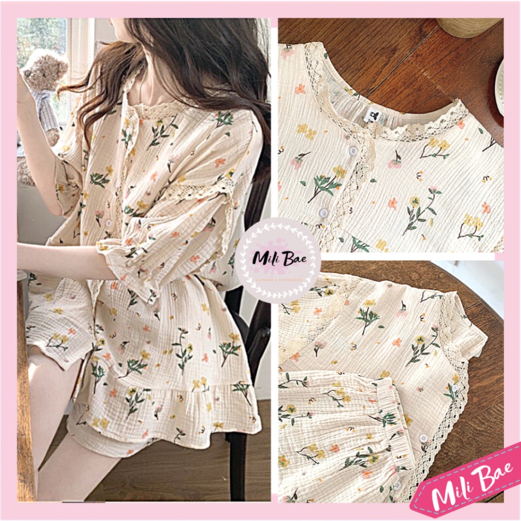 Pijama Đồ Ngủ Nữ Mặc Nhà Hoạ Tiết Hoa Nhí Ulzzang Hàn Chất Cotton Đẹp Set Ngủ Cộc Tay Vintage Hàng Quảng Châu Mili Bae