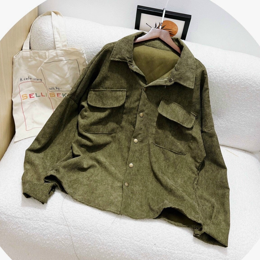 Áo sơ mi nhung tăm oversize 2 túi có nắp - Áo sơ mi nhung tăm phong cách Ullzang hàn quốc - SM1 nắp - minastore