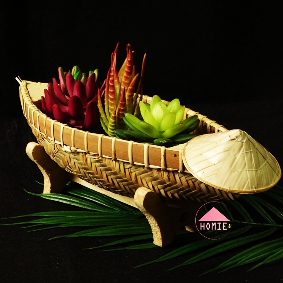 [Trang trí bàn ăn] Thuyền tre màu tự nhiên trang trí bàn độc đáo