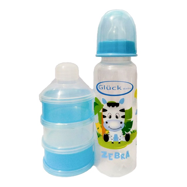 Combo bình sữa nhựa PP 250ml, hộp chia sữa 3 ngăn gluck baby màu xanh dương