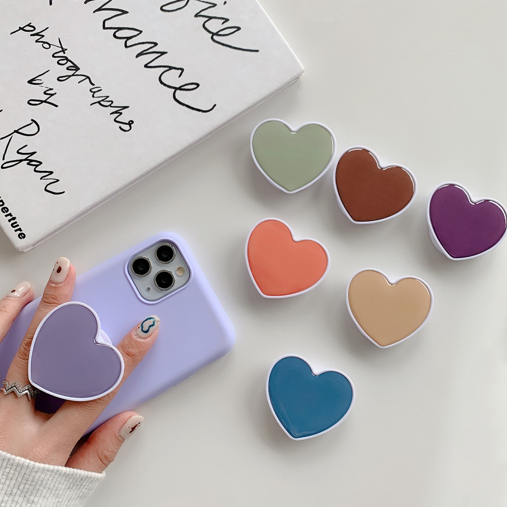 Giá đỡ dán ốp điện thoại pop up posocket in bóng trái tim màu trơn pastel viền trắng dễ thương