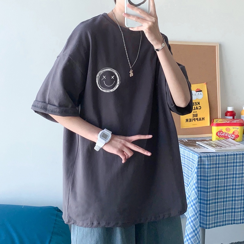 Áo thun tay ngắn cổ tròn dáng rộng in hình mặt cười phong cách Nhật Bản thời trang cho nam size S-8XL