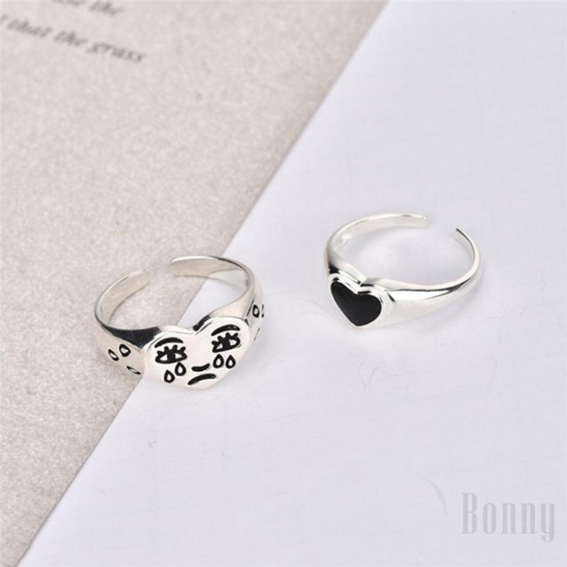 [Bonny] Mới tình yêu màu đen đơn giản thời trang nữ nhẫn phụ kiện mở nước mắt biểu cảm cổ điển ngón trỏ đeo nhẫn tay trang sức