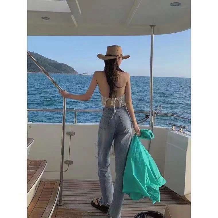 DUNEA Áo Hai Dây Dệt Có Đệm Ngực Màu Trắng Quyến Rũ Thời Trang Đi Biển Cho Nữ