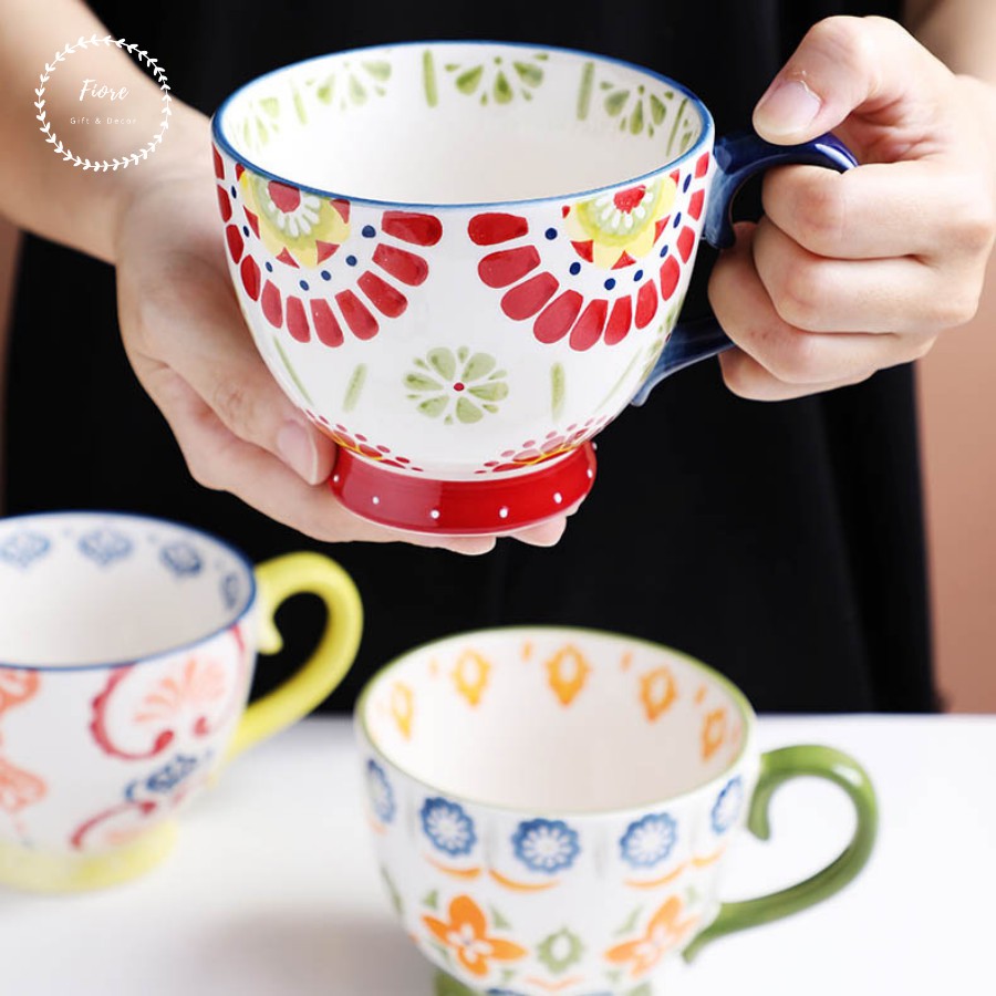 Cốc sứ - cốc sứ uống trà họa tiết vẽ tay xinh xắn nhiều màu dung tích 400ml - 450ml