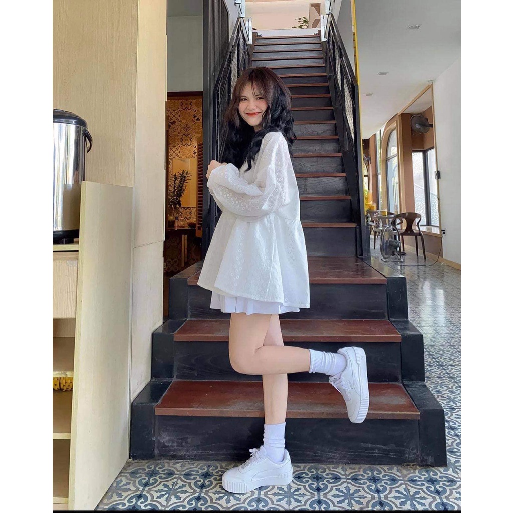Áo babydoll hoa, áo babydoll nữ màu trắng bánh bèo, áo babydoll áo kiểu tay phồng | BigBuy360 - bigbuy360.vn