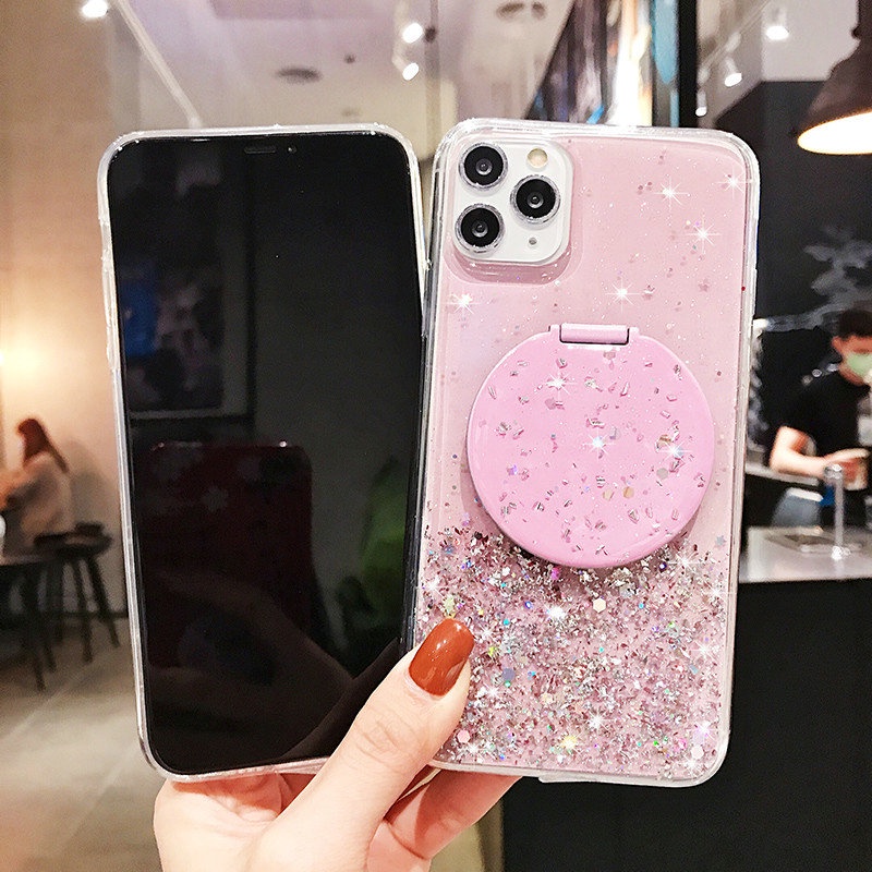 Case iPhone 12 Mini 11 Pro Max 6 6S 7 8 Plus X XR XS XS Max SE 2020 Epoxy Silver Foil Glitter Phone Case With a round mirror