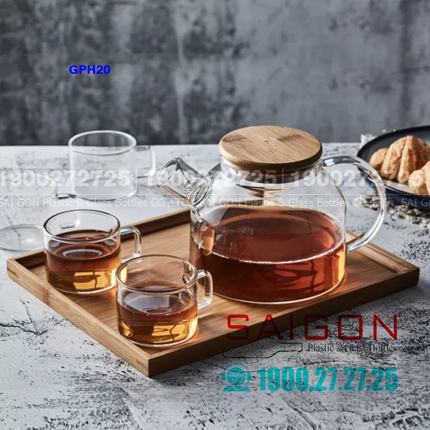 Bộ Bình Thủy Tinh Deli Chịu Nhiệt Nắp Gỗ Có Khây Gỗ ( 01 Bình 1000ml + 4 Ly Chịu Nhiệt )