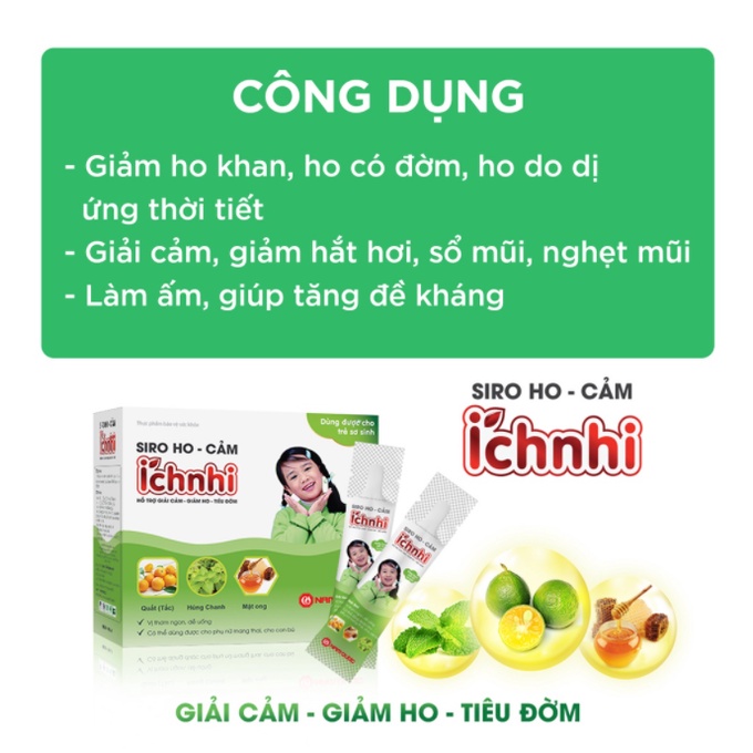 Siro ho cảm Ích Nhi hỗ trợ giải cảm, giảm ho, sổ mũi, tiêu đờm, dùng cho trẻ sơ sinh, hộp 30 gói x 5ml