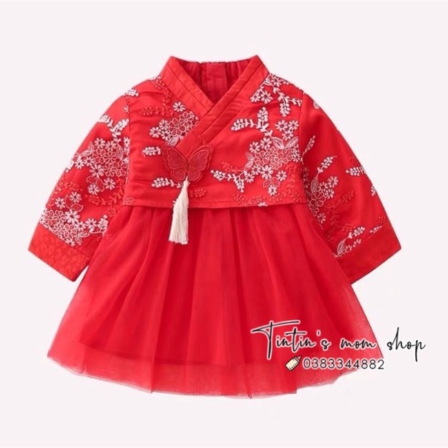 Váy hanbook ren thêu hoa diện tết IDEA dành cho bé gái 7-13kg