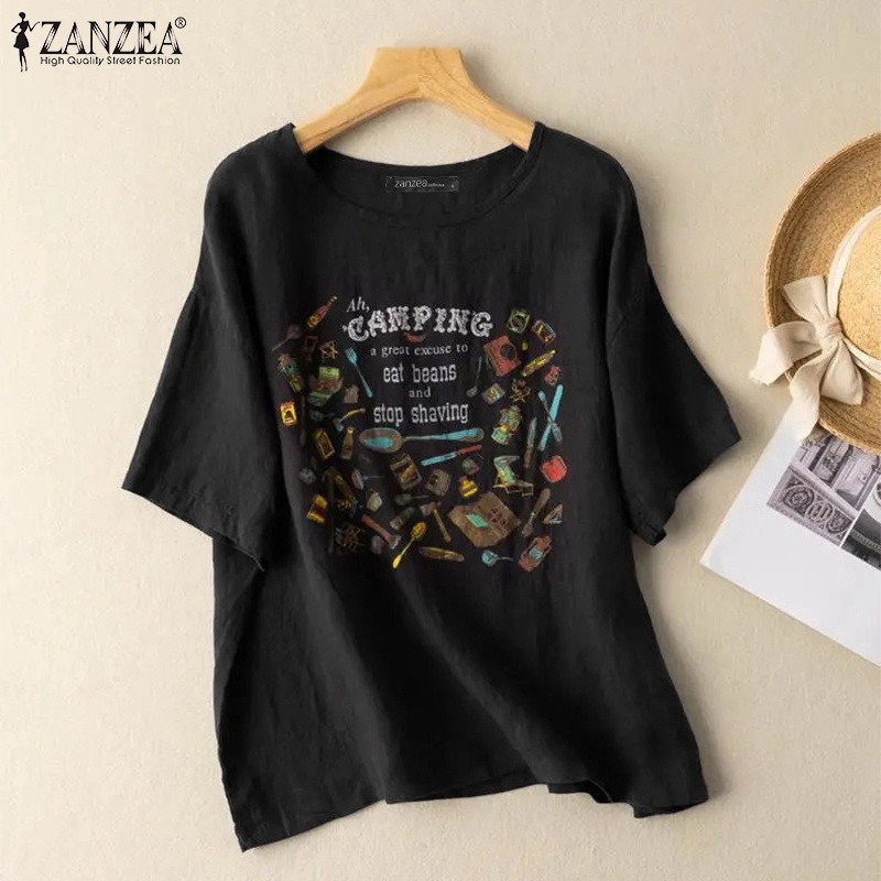 Áo thun cotton ZANZEA cổ tròn tay ngắn in họa tiết thời trang cho nữ