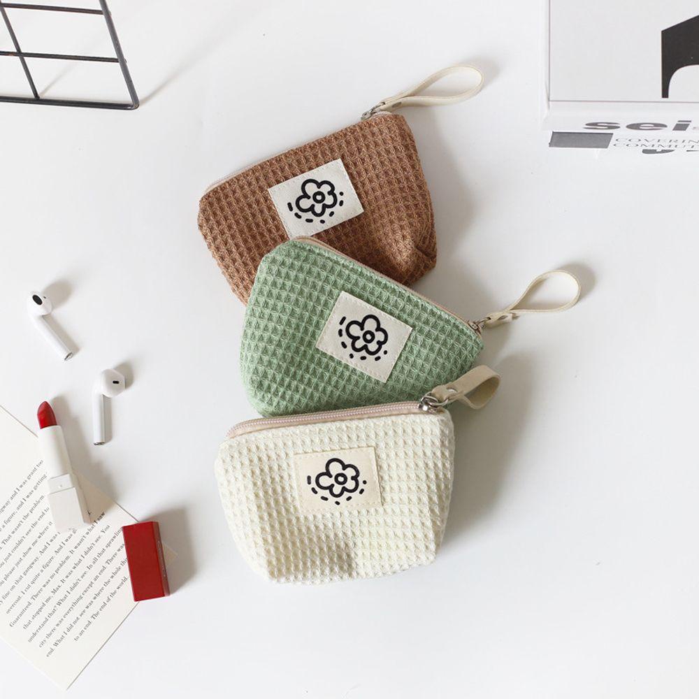 Ví Đựng Tiền Xu Mini Đeo Cổ Tay Họa Tiết Kẻ Sọc / Hoa Xinh Xắn Có Khóa Kéo Tiện Dụng