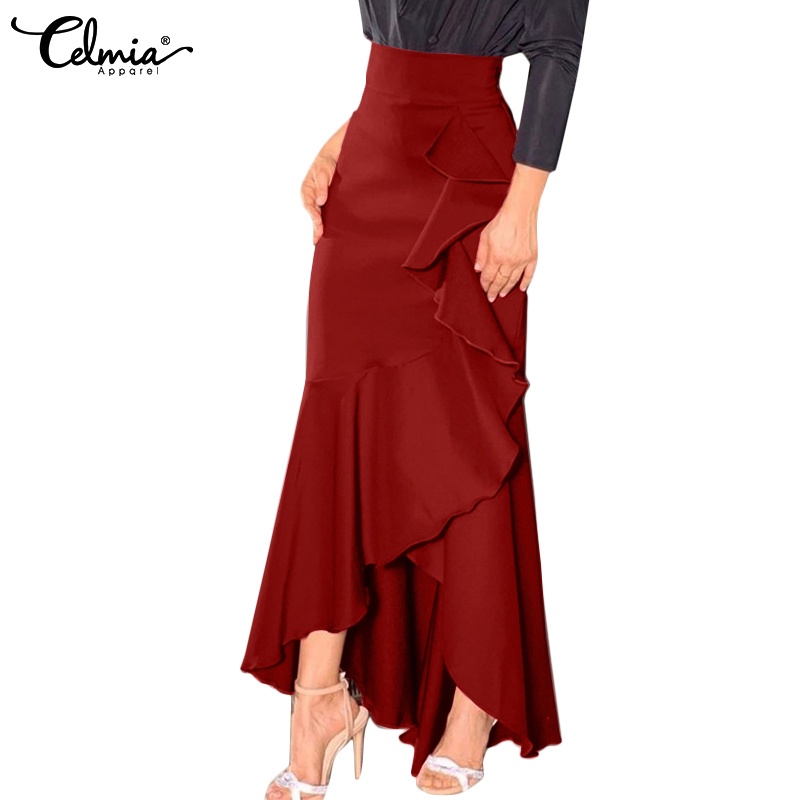 Chân váy maxi CELMIA kiểu đuôi cá lưng cao xếp ly màu trơn cho nữ